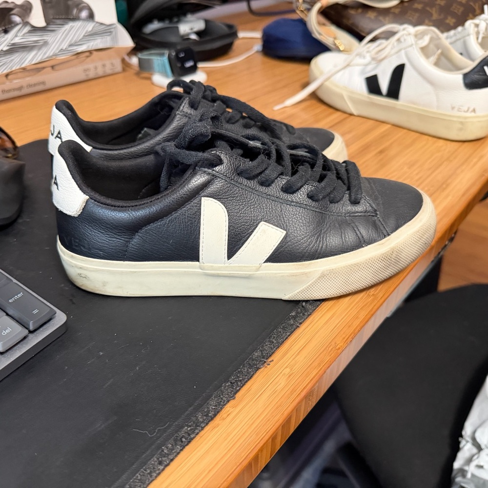 Veja Men's Black Leather Sneakers with White Accents